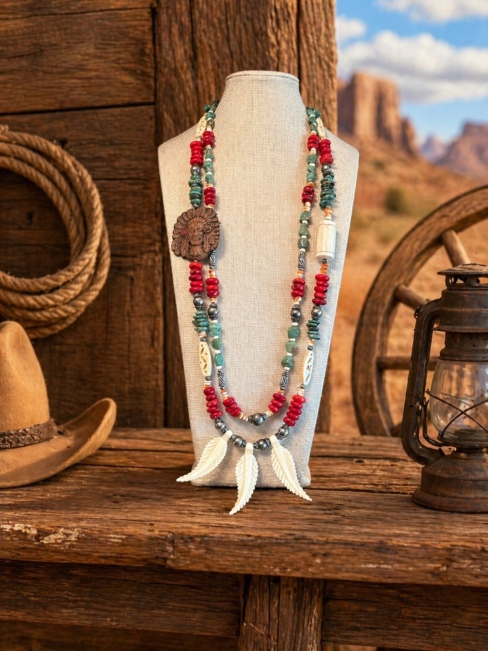 Carved Bone & Leather Chief Necklace w Heish Turquoise, Coral, Spiney Oyster - Picture 5 of 11